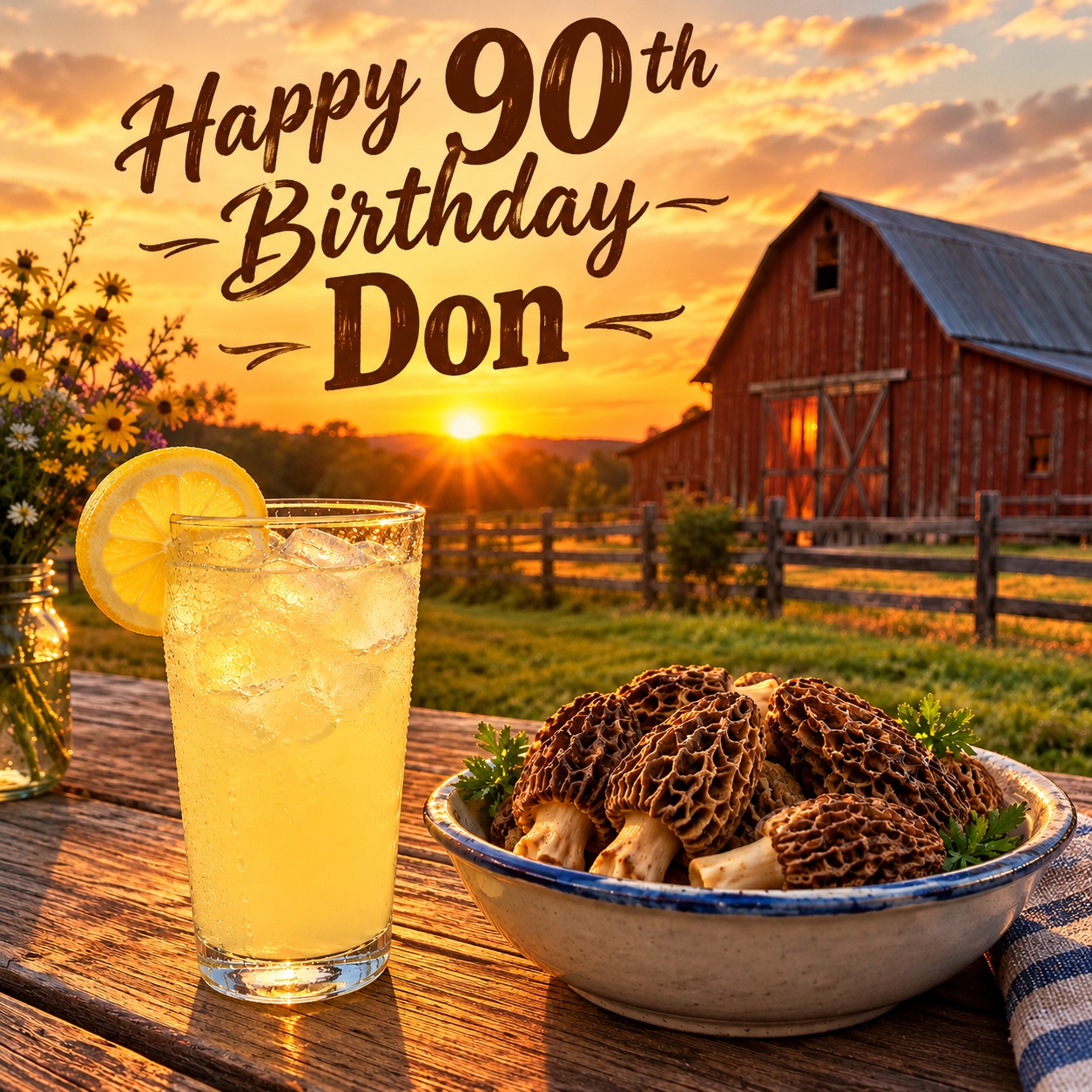 Happy 90th Birthday Don barn, lemonade and morels