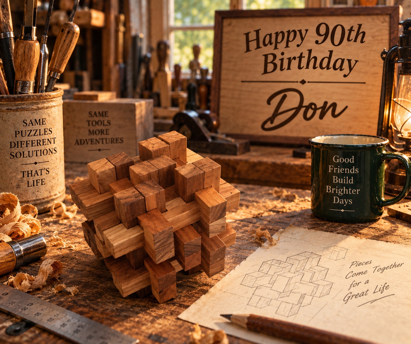 Happy 90th Birthday Don woodworking puzzle scene