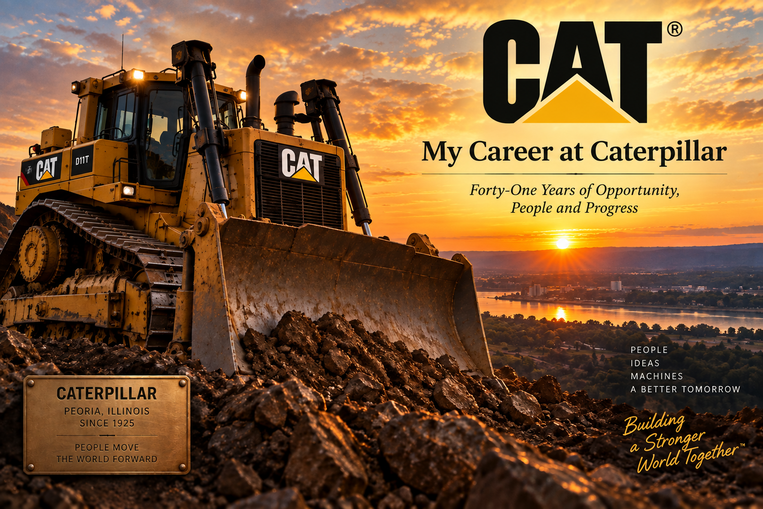 Caterpillar tractor at sunset with prominent CAT branding