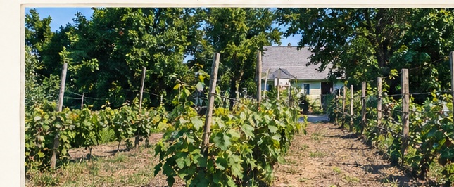 View from the back yard — the two rows of grapevines