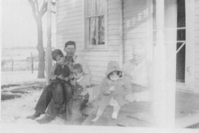 Front Porch: Dad, John Edward & Me with Grandpa Raftery & Margaret