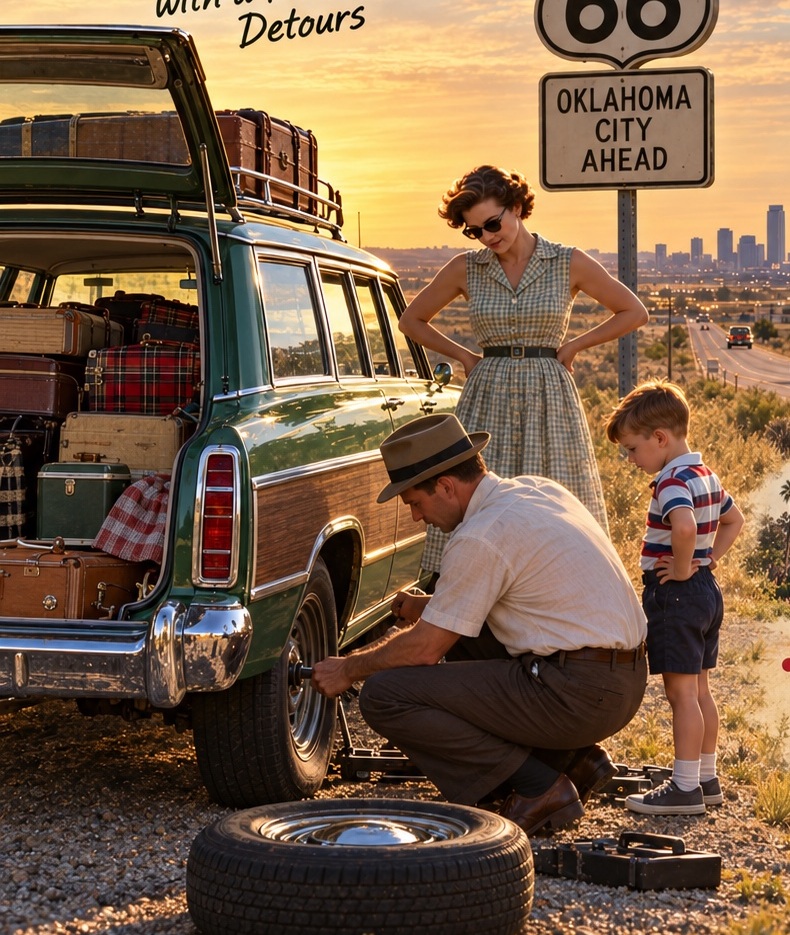 Illustrated roadside scene with a green wagon, luggage, family, and a tire change