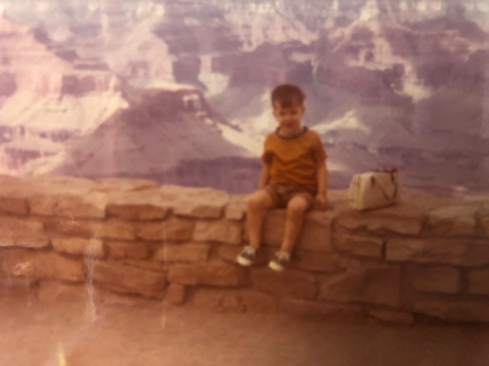 Original family photograph of Paul at age three and a half beside Mom’s purse at the Grand Canyon