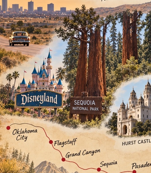 Illustrated California travel scenes including Disneyland, Sequoia and Hearst Castle