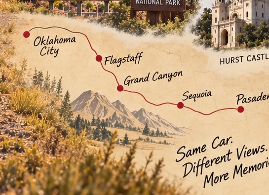 Illustrated map from Oklahoma City to Flagstaff, Grand Canyon, Sequoia and Pasadena