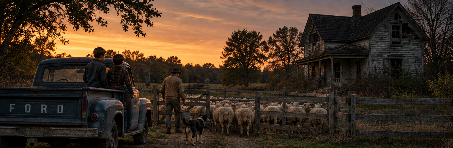 Illustration of the Mink farm at sunset with sheep, an old Ford pickup and the deserted farmhouse