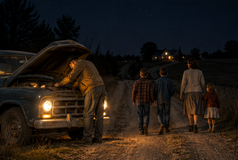 Illustration inspired by the family’s disabled Ford on the dark country road.