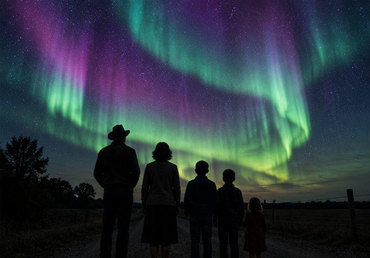 Illustration of the northern lights over a country road
