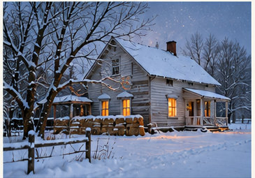Illustration of an old farmhouse in a winter wind