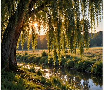 Illustration of a willow tree beside a stream on a summer afternoon