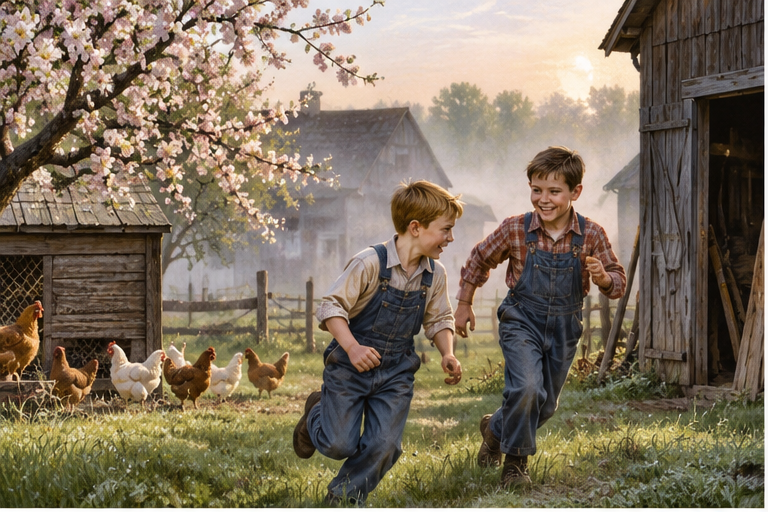 Illustration of two farm boys on a misty spring morning