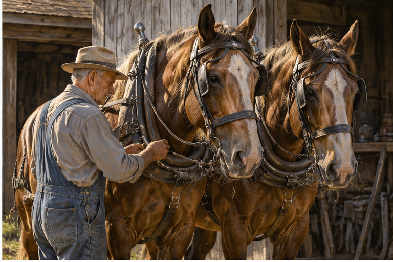 Grandfather harnessing a team of workhorses