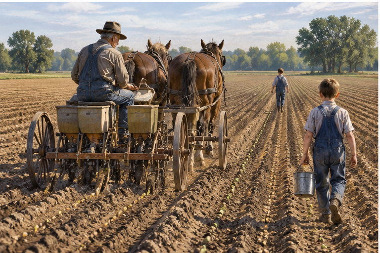 Illustration of Grandpa Smith and the boys planting corn with a horse-drawn planter