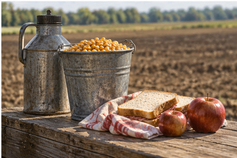 Field lunch with seed corn, sandwiches and apples