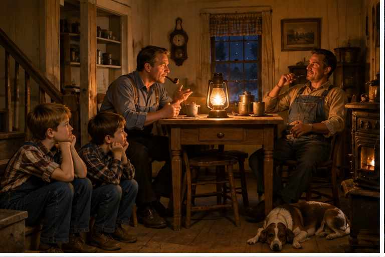Illustration of a farmhouse kitchen lit by a kerosene lamp as two men tell stories and two boys listen