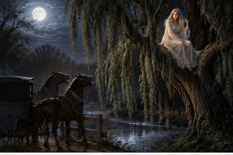 Illustration of a moonlit ghost story beside an old willow tree