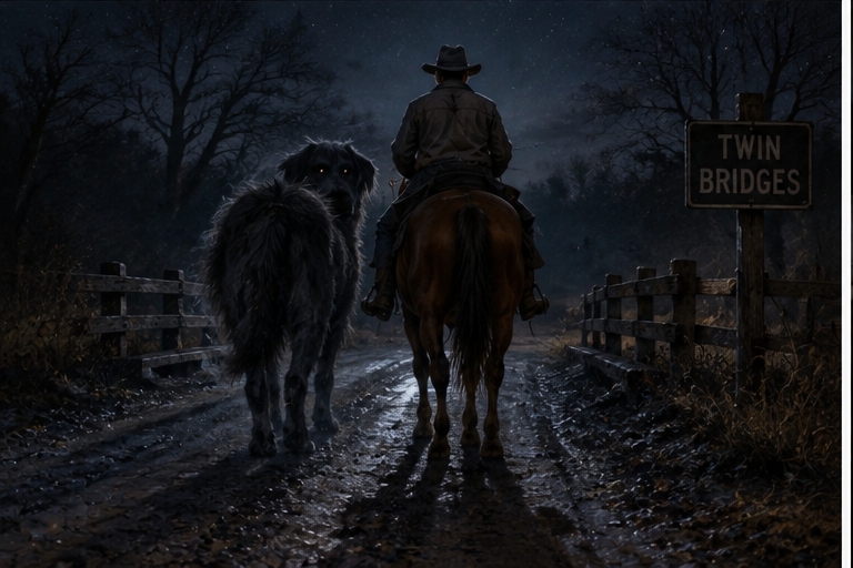Illustration of a lone horseback rider accompanied by an enormous ghostly dog on a dark road between twin bridges