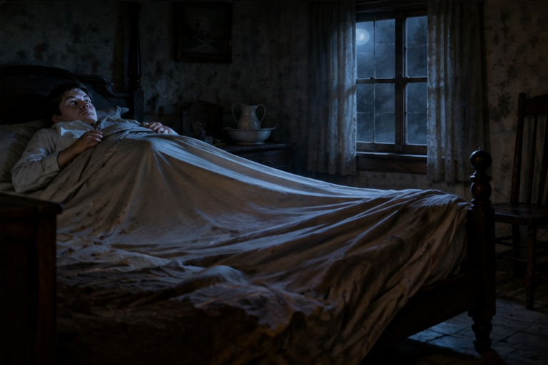 Illustration of a frightened man in an old haunted bedroom as an unseen presence pulls his bedsheet