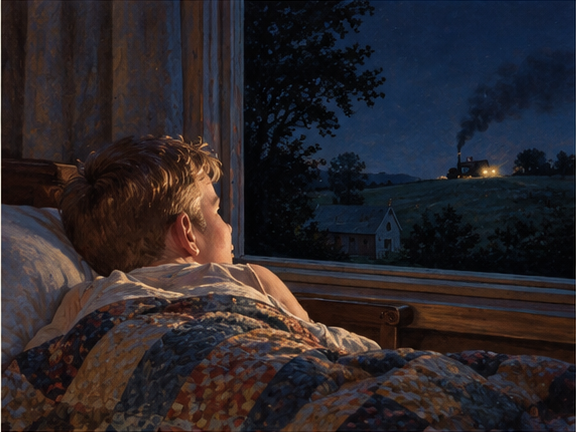 Illustration of young Don listening at night for his father's tractor
