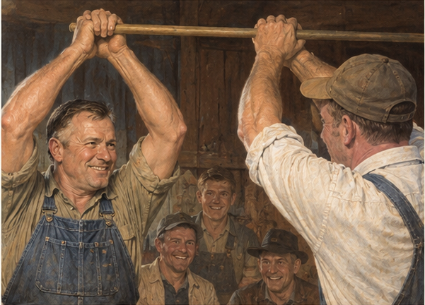 Illustration of Don's father competing with another farmer in a broom-handle grip strength contest