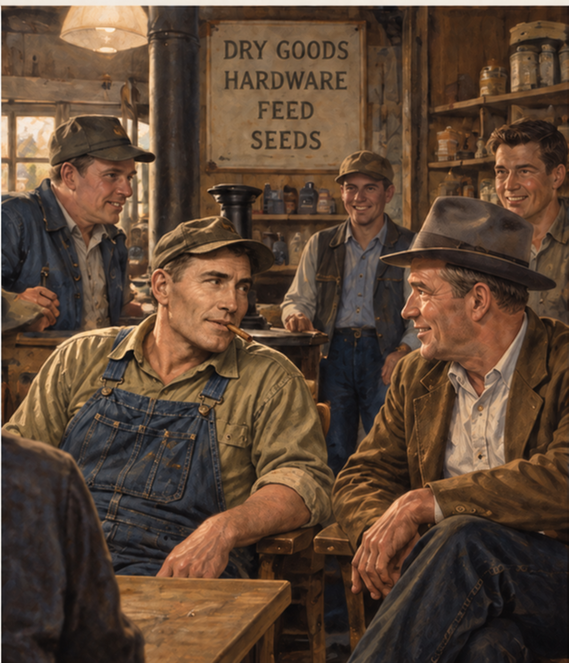 Illustration of farmers gathered in a Pittsfield store on Saturday night
