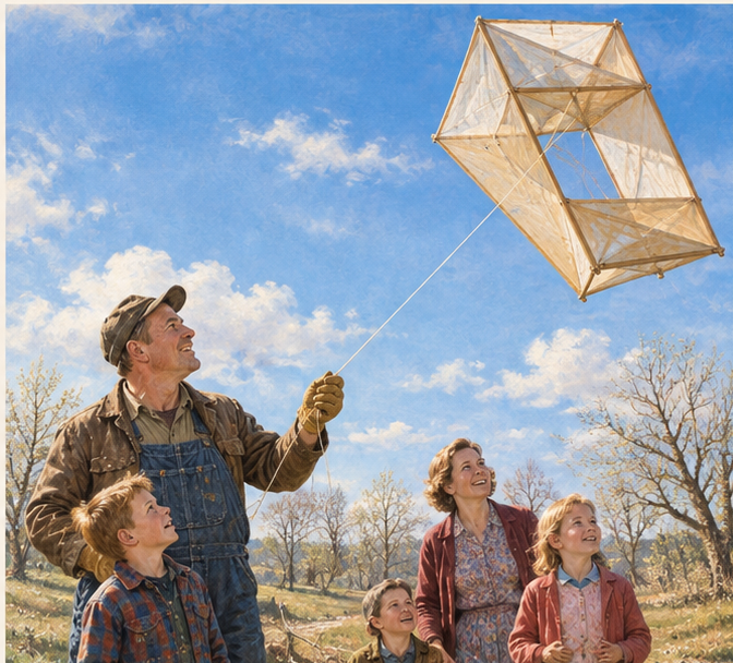 Illustration of Don's father flying a giant homemade box kite with his family