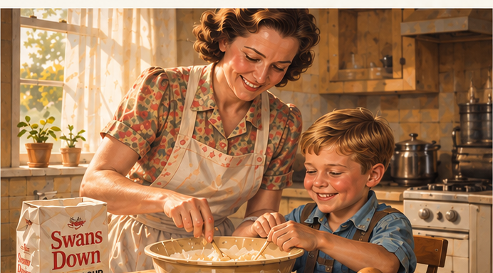 Illustration of Mom baking with young Don