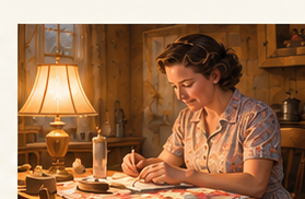Illustration of Mom sewing at the kitchen table