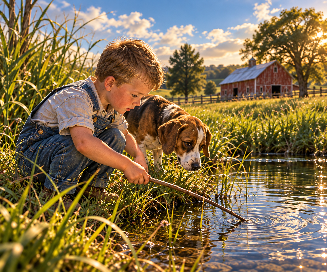 Illustration of a young boy and dog exploring beside a farm stream