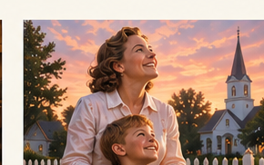 Illustration of Mom and a child near church at sunset