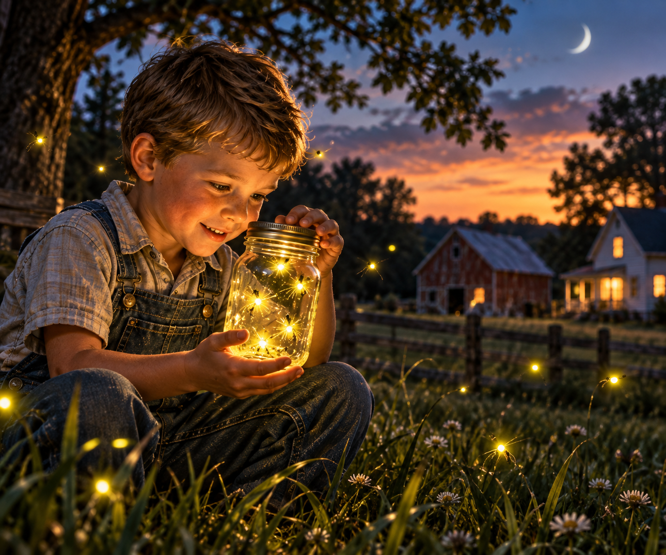 Illustration of a young boy holding a jar of fireflies at dusk