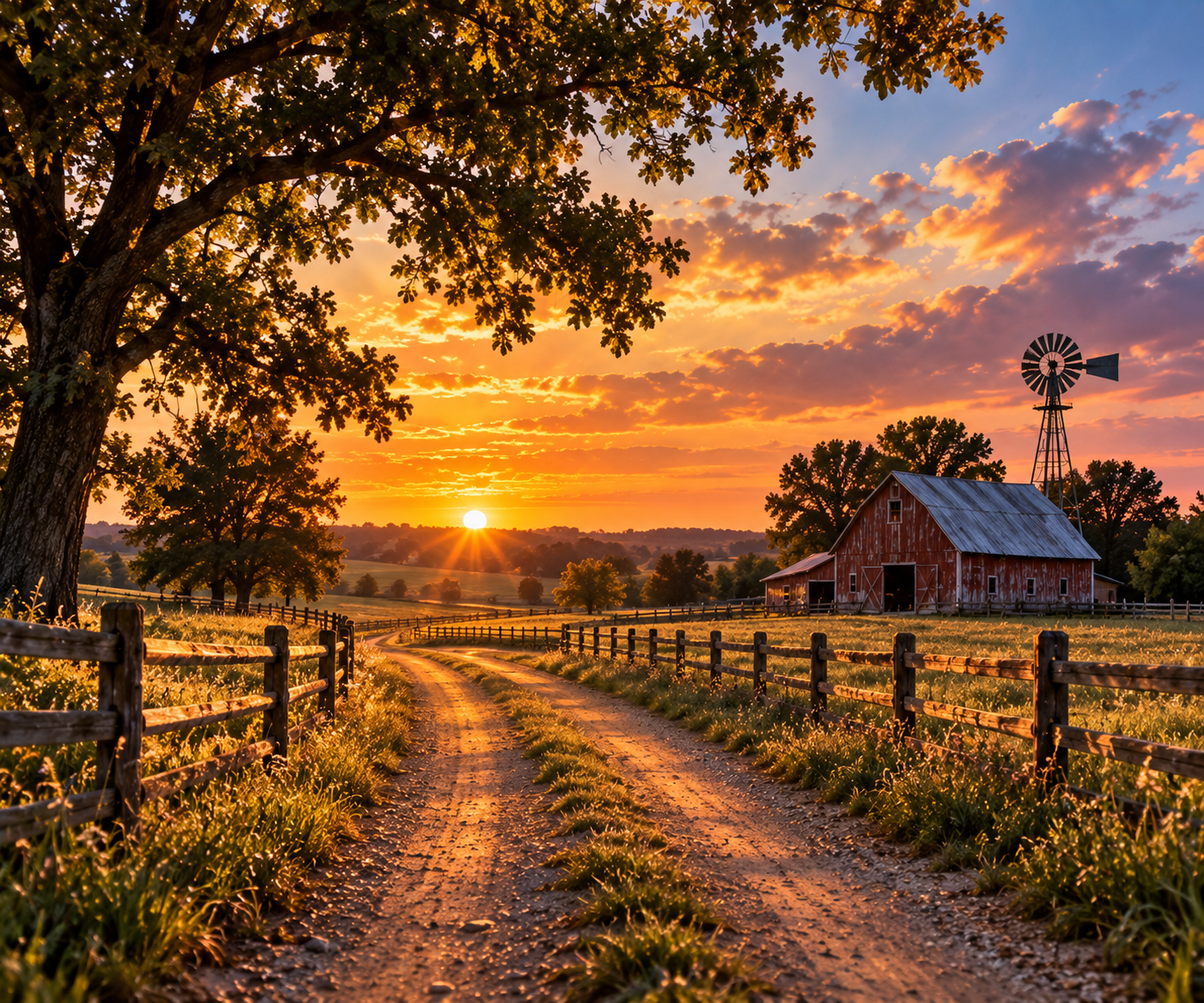 Illustration of a dirt road leading toward a barn at sunset