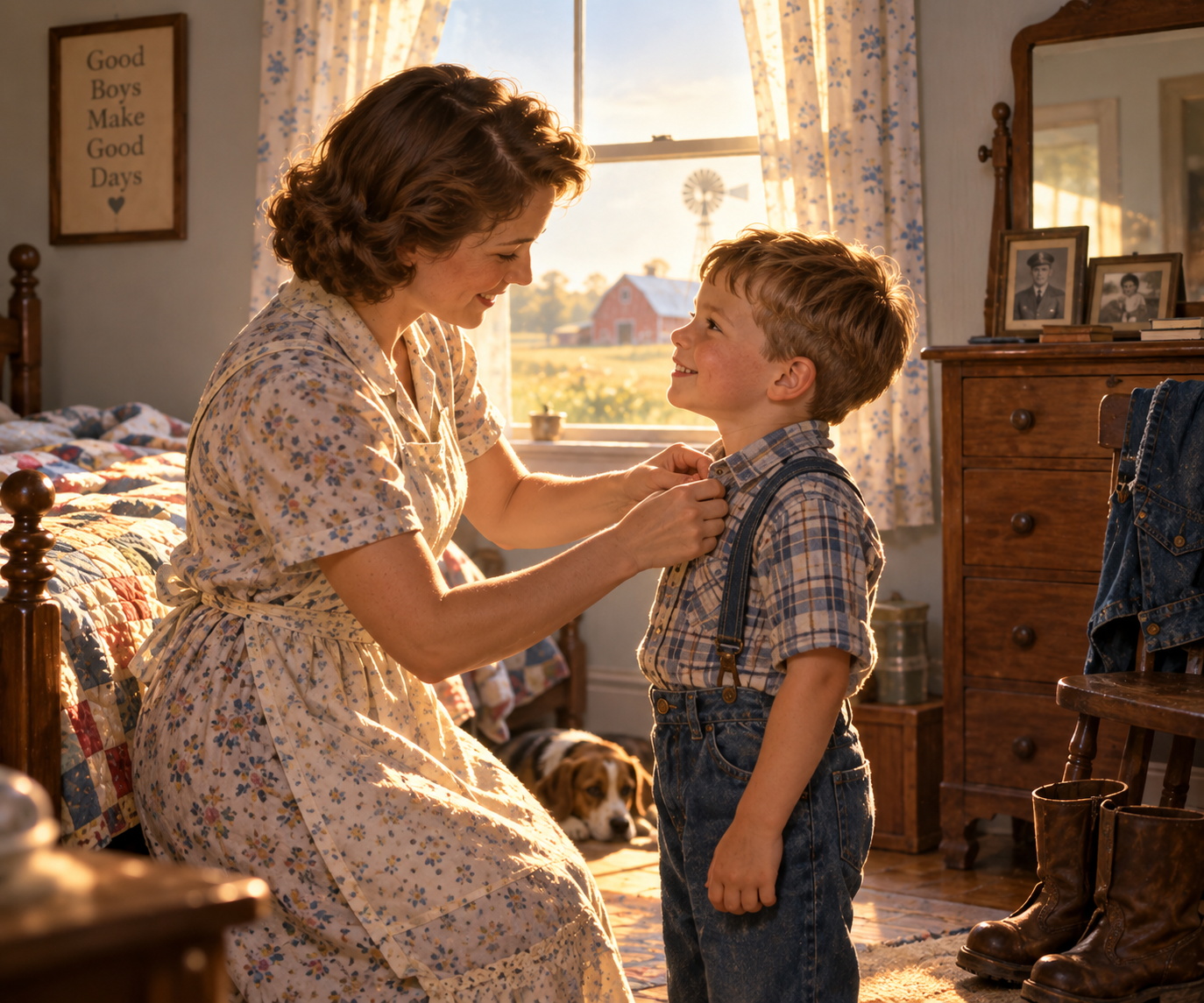 Illustration of Don’s mother helping him get dressed in the morning