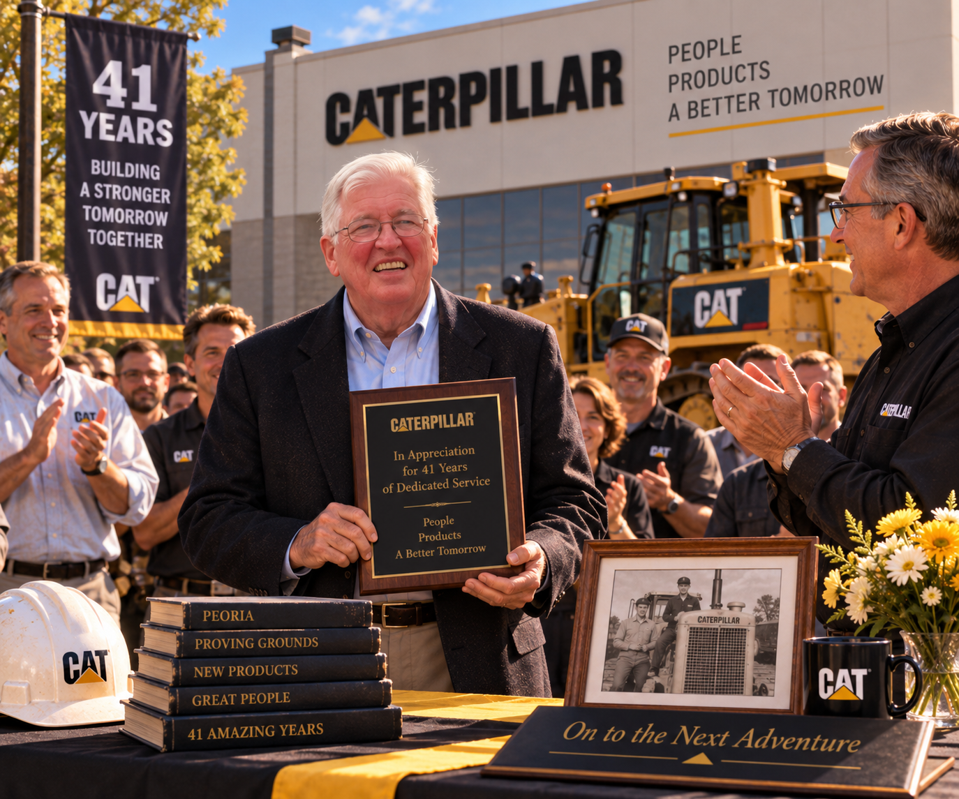 Approved illustration of older Don celebrating 41 years at Caterpillar