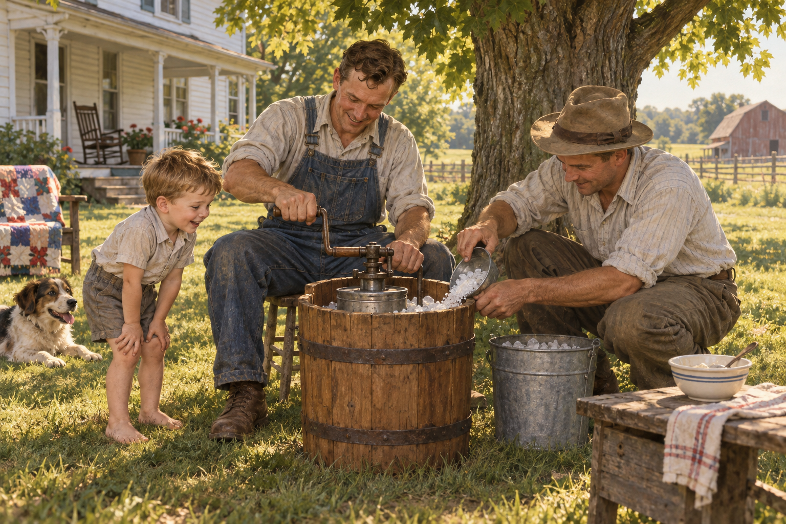 Illustration of Uncle Loren working the ice-cream churn while Uncle Mike tends the ice and salt.