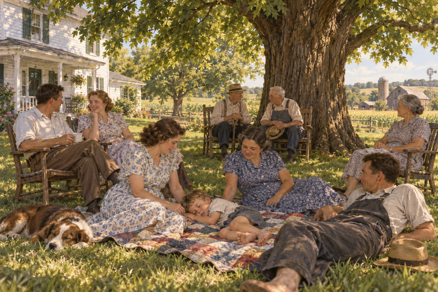 Illustration of a quiet Sunday afternoon after dinner, resting and talking beneath the maple.