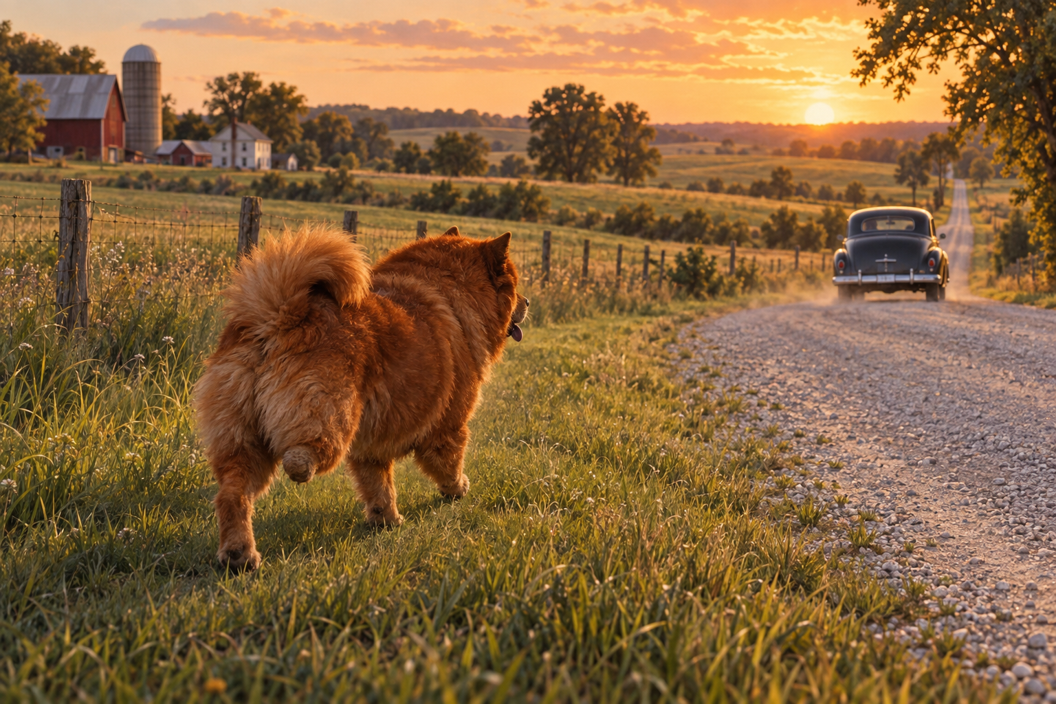 Illustration of older Billy, still eager to chase passing cars along the familiar road.