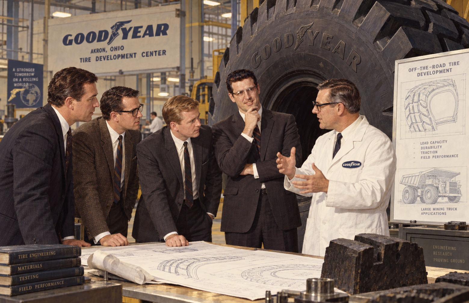 Illustration of the Caterpillar colleagues visiting Goodyear in Akron to discuss larger mining-truck tires.