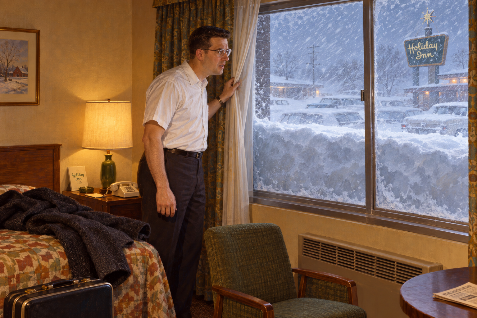 Illustration of Don discovering snowdrifts halfway up the motel window.