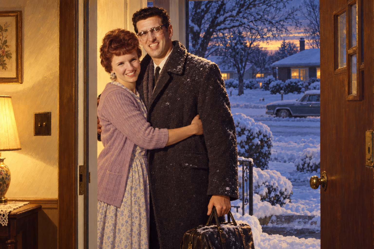 Illustration of Don and Jan reunited at home in West Peoria after the blizzard journey.