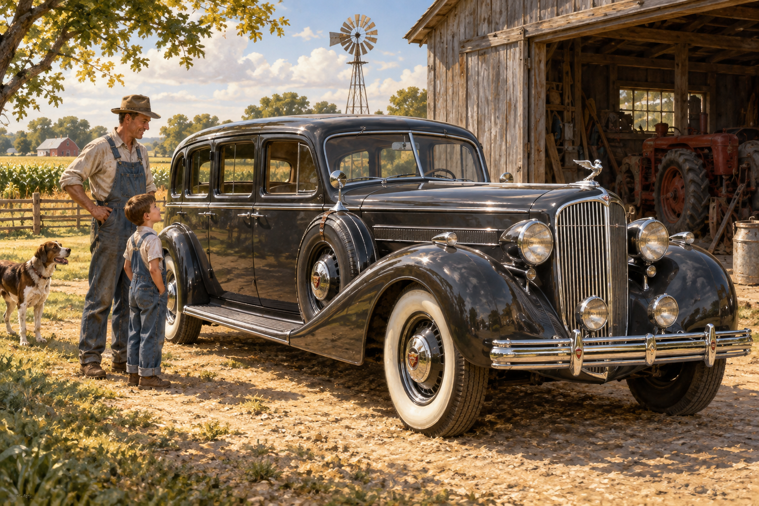 Illustration of young Don and his father beside the family’s 1936 Cadillac Fleetwood.