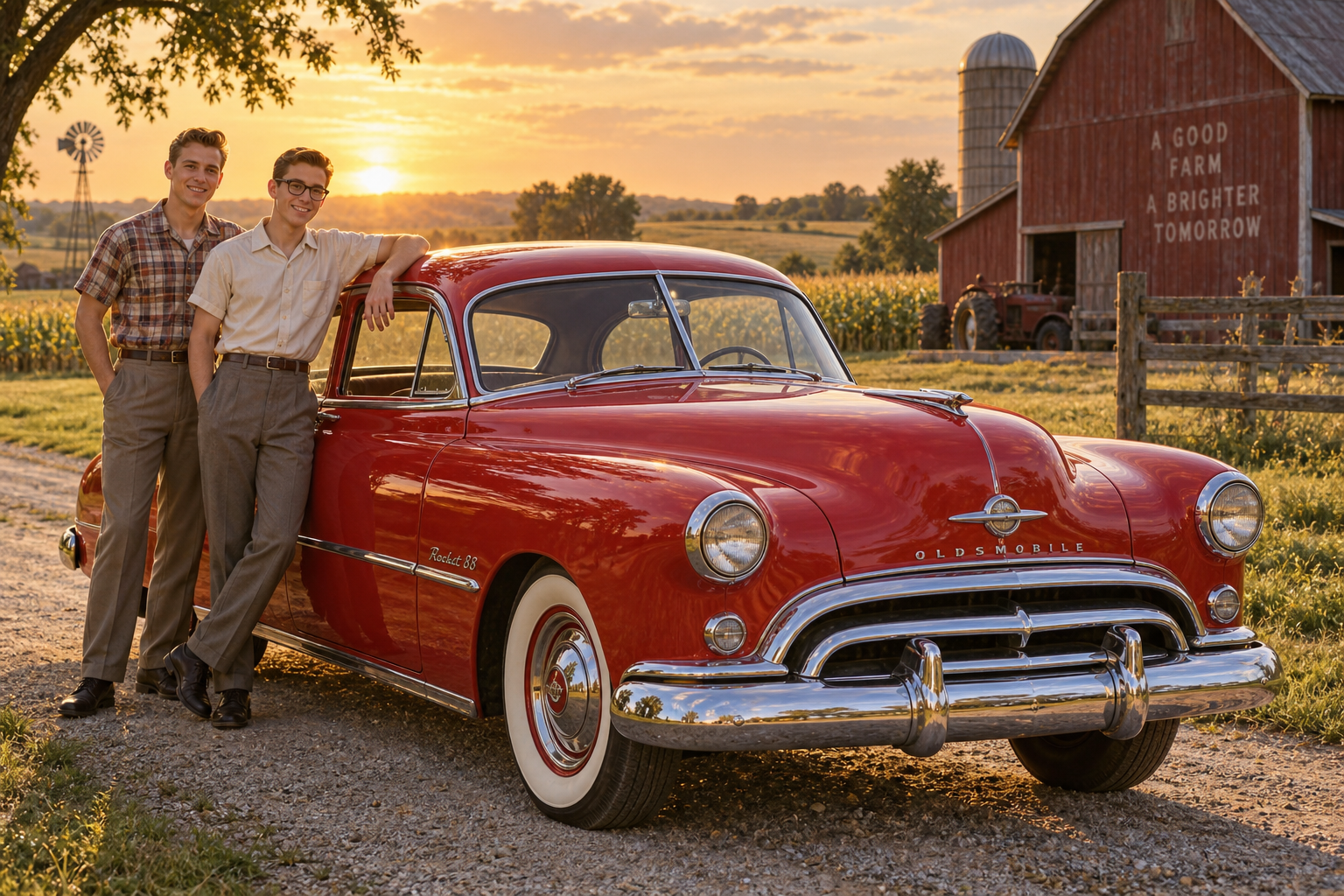 Illustration of Don and his brother with their red Oldsmobile