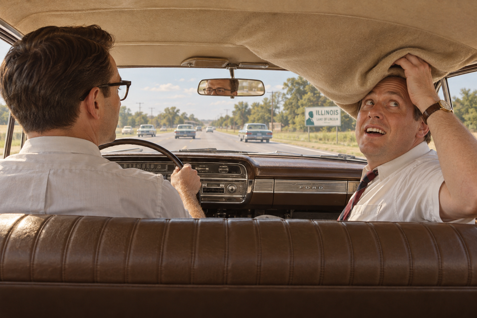 Illustration of the Ford’s headliner coming loose during a carpool ride.