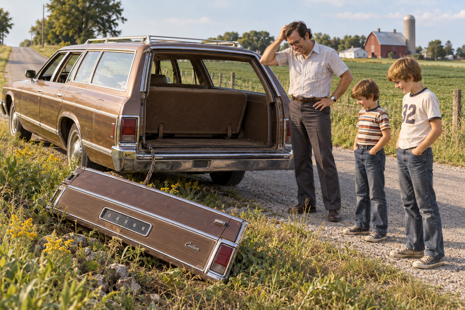 Illustration of the Dodge station wagon’s tailgate mishap near the family farm.