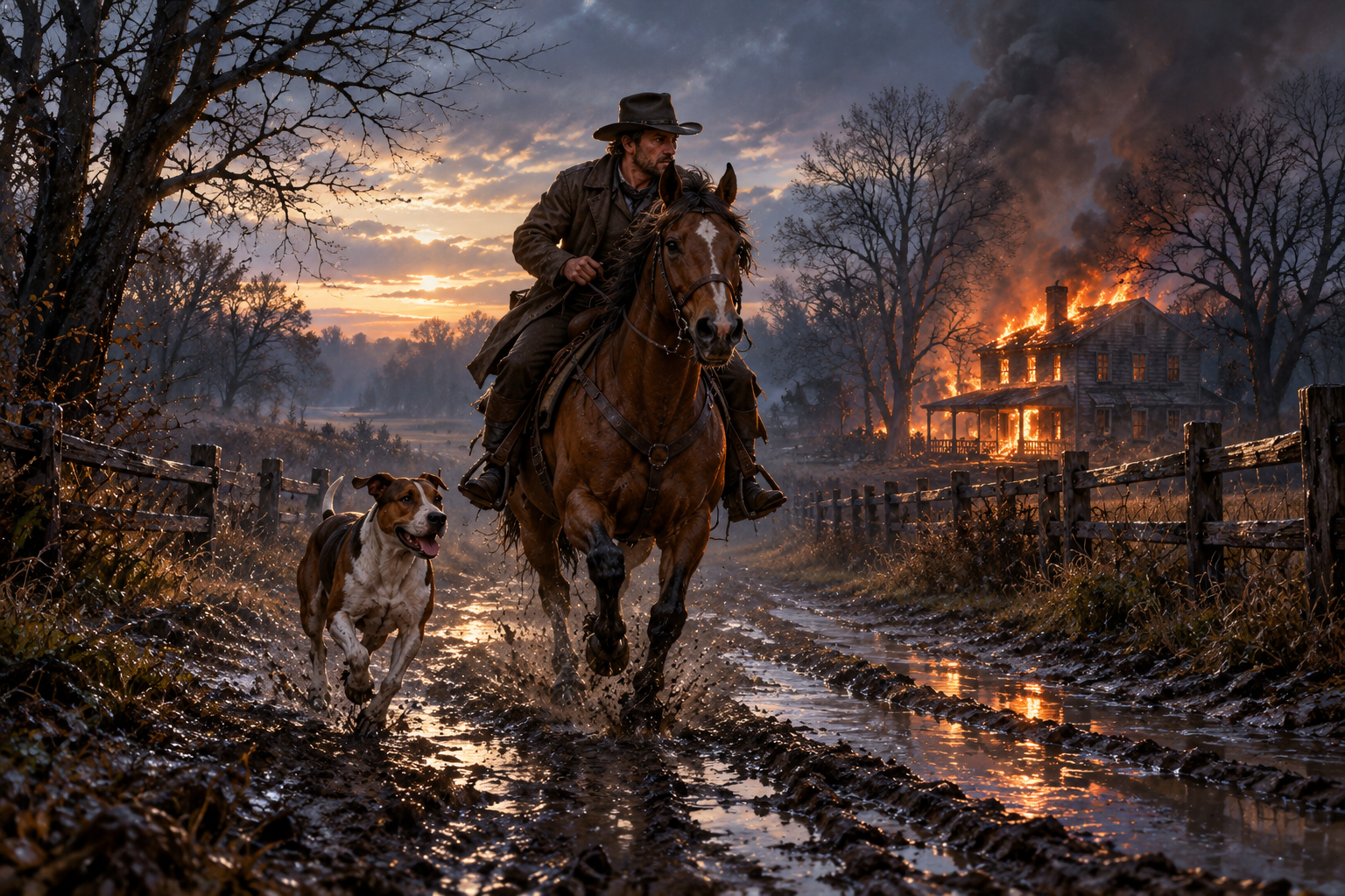 Illustration of Jack riding away at dawn with Kip beside his horse as the lodging house burns in the distance.