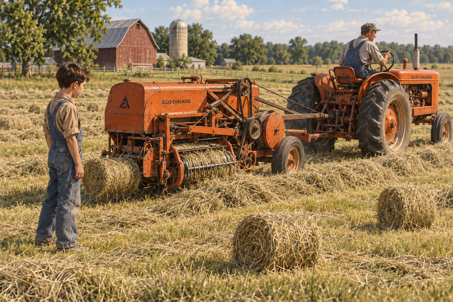 Illustration of young Don watching the baler and studying how it worked.