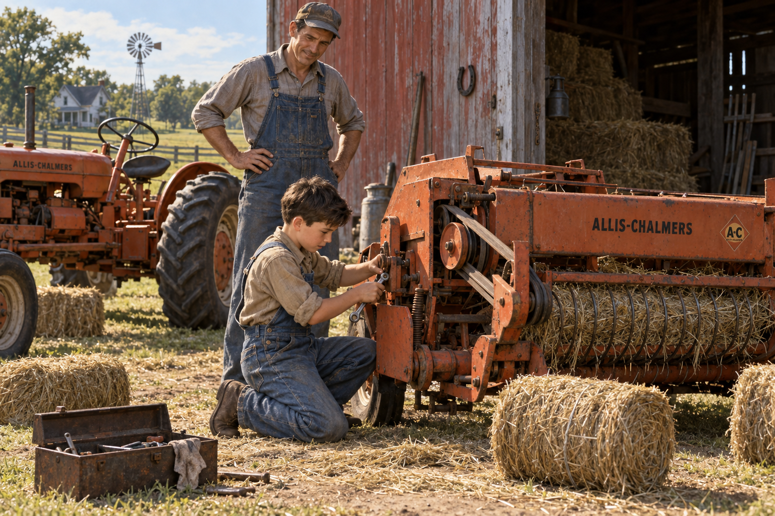 Illustration of Don adjusting the stationary baler, a skill he developed through observation and repair.