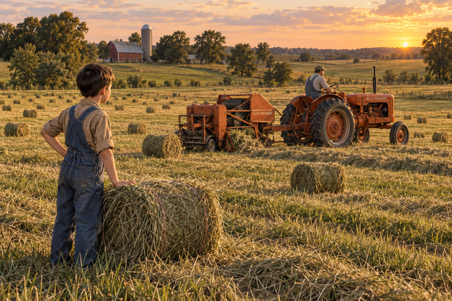 Illustration of the small round bales scattered across the family’s hayfield.