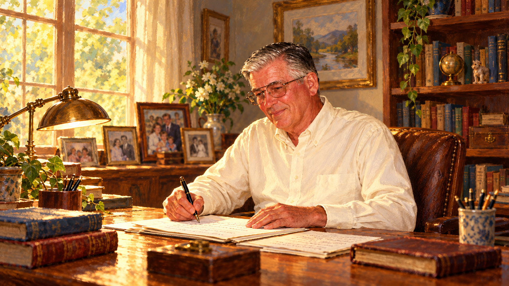 Don writing his family stories