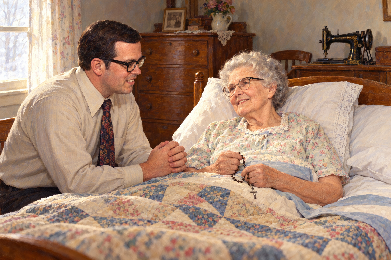 Illustration of Don and his mother praying the rosary together.